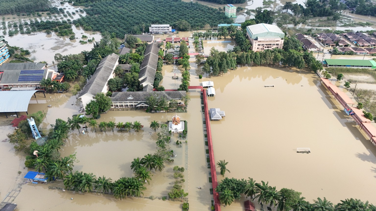 ภาพมุมสูงบริเวณโรงเรียนและสนาม